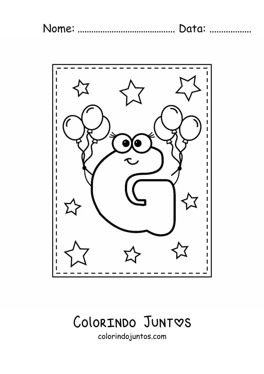 Desenho para colorir da letra G maiúscula animada com balões