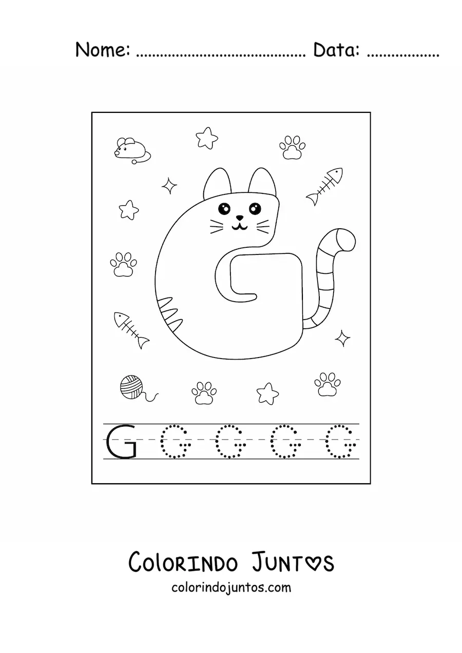 Desenho para colorir da letra G animada em forma de gato