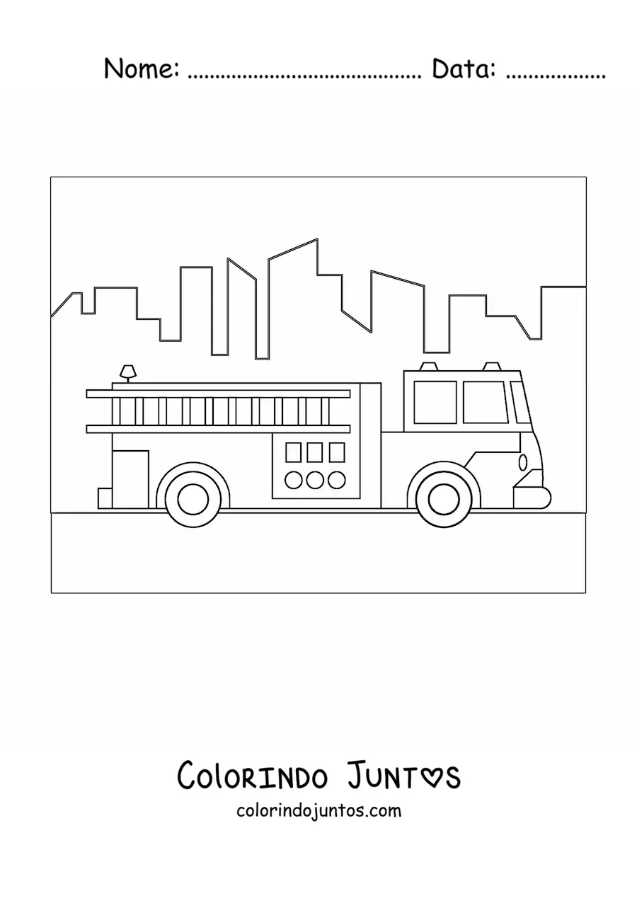Desenho para colorir de um caminhao de bombeiros circulando pela cidade