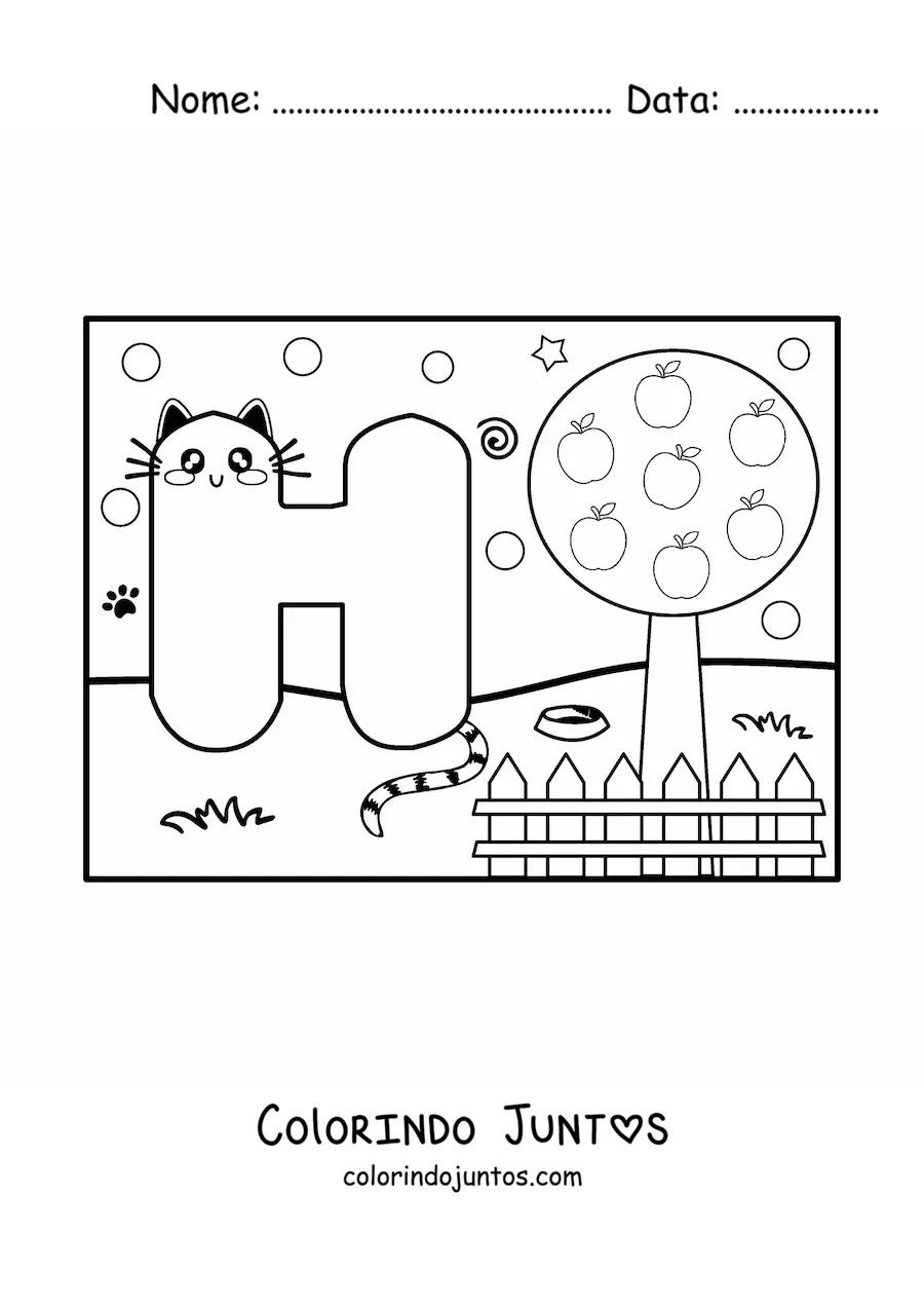 Desenho para colorir da letra H animada em forma de gato no parque