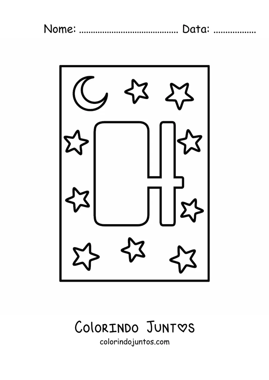 Desenho para colorir de letra H maiúscula com estrelas e uma lua