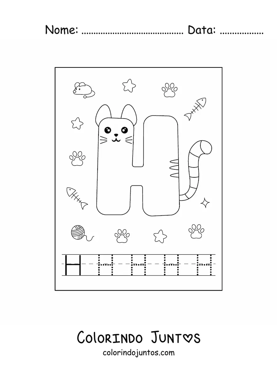 Desenho para colorir da letra H animada em forma de gato