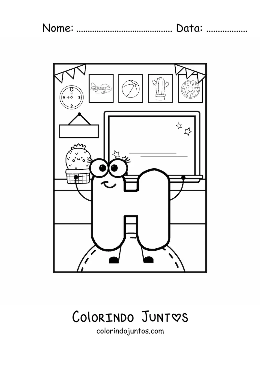 Desenho para colorir da letra H animada na escola