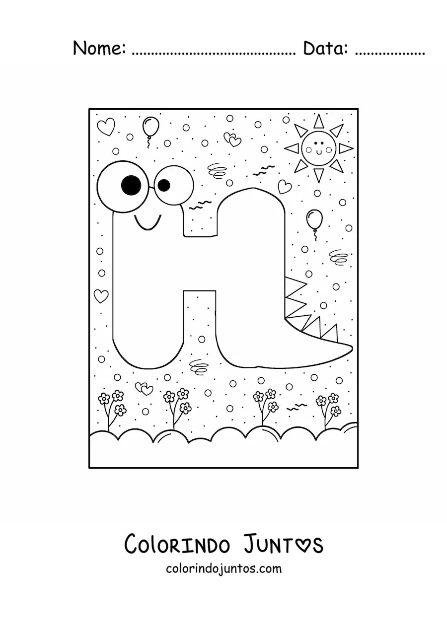 Desenho para colorir da letra H animada em forma de monstro de desenho animado