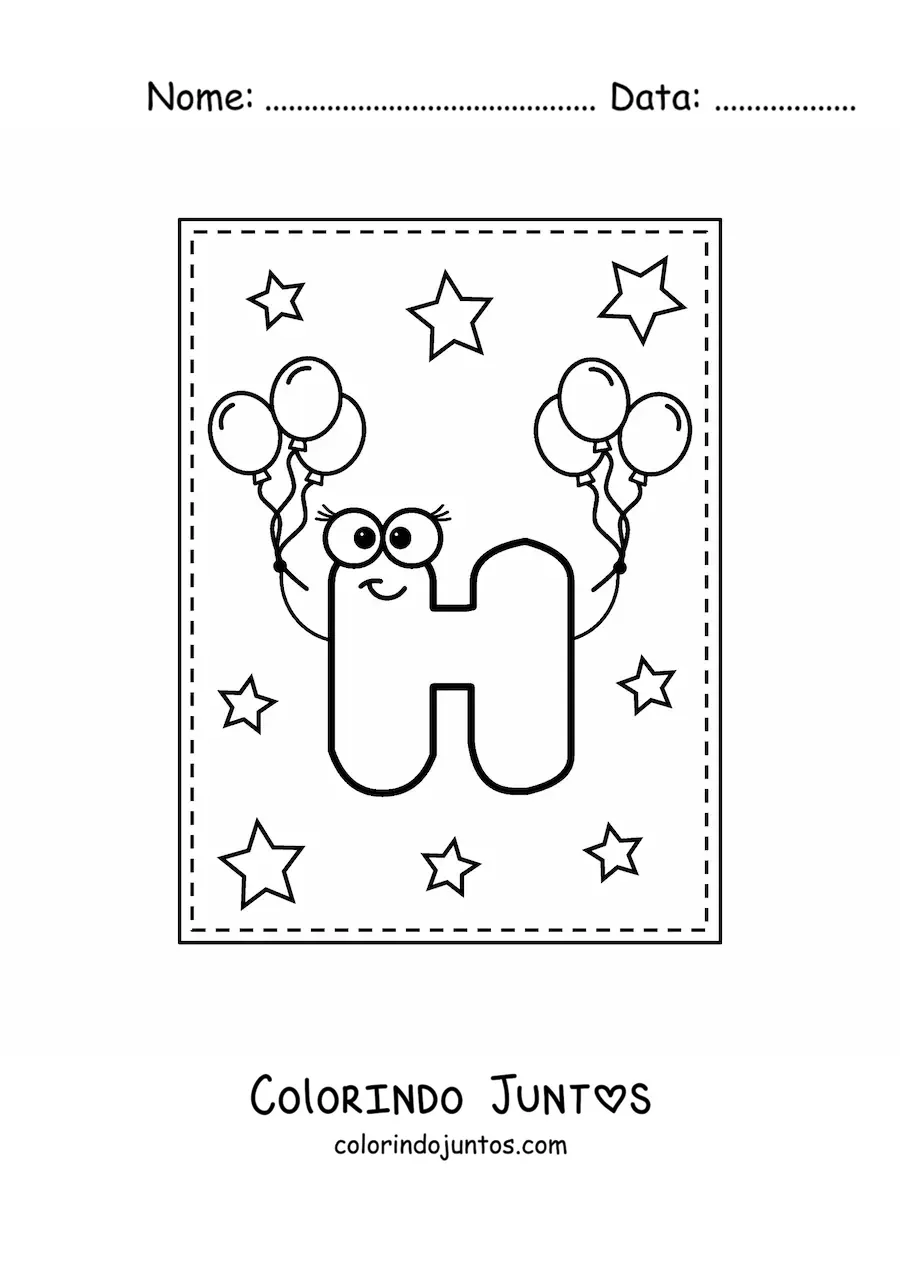 Desenho para colorir da letra H maiúscula animada com balões