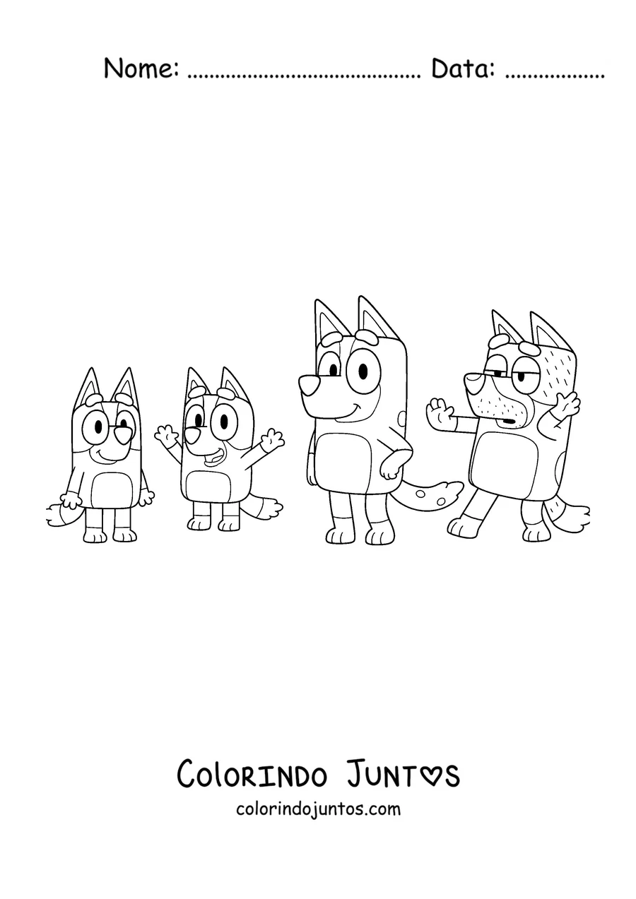 Desenho para colorir da família Heeler: Bluey, Bingo, Chilli e Bandit