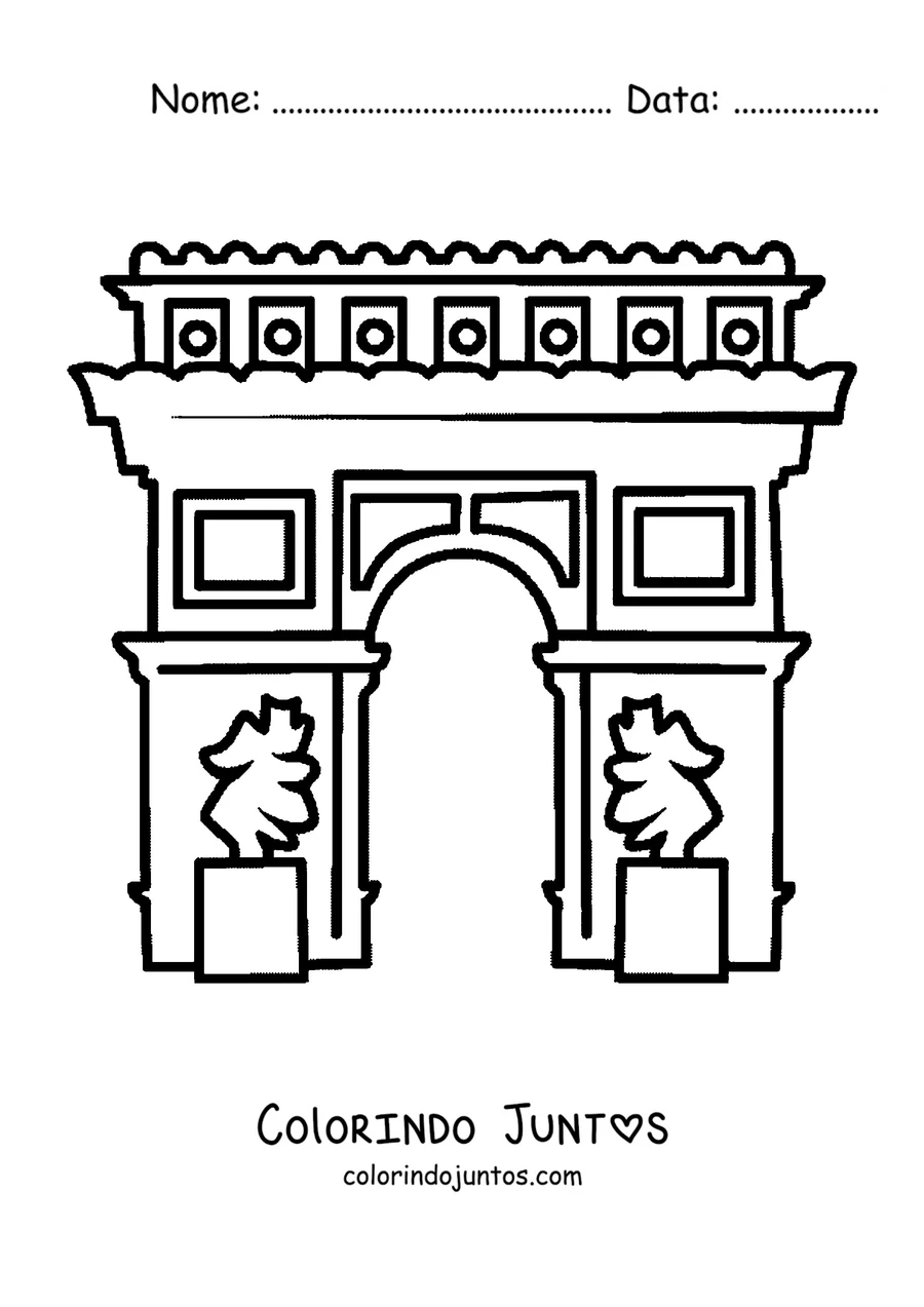 Desenho para colorir do Arco do Triunfo cercado de árvores