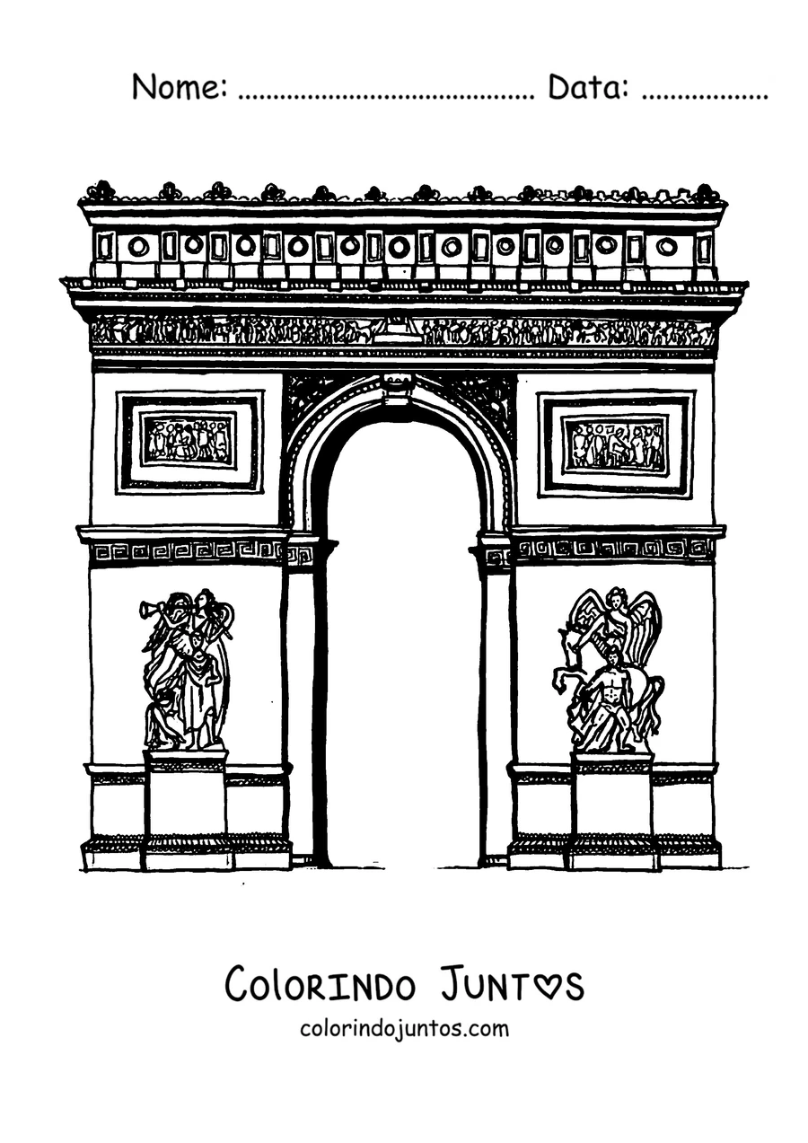 Desenho para colorir do Arco do Triunfo com colunas e jardins dos lados