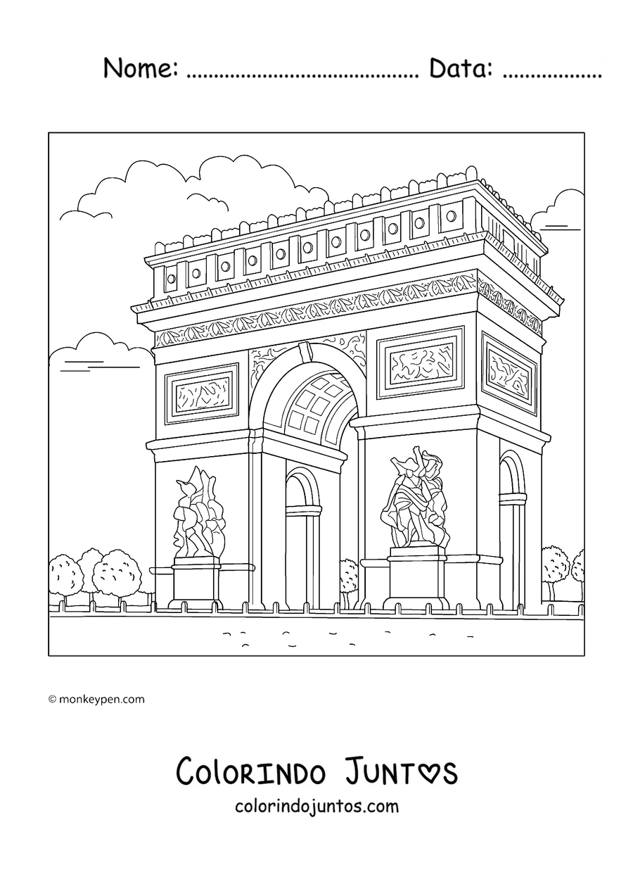 Desenho para colorir do Arco do Triunfo em perspectiva cercado de jardins