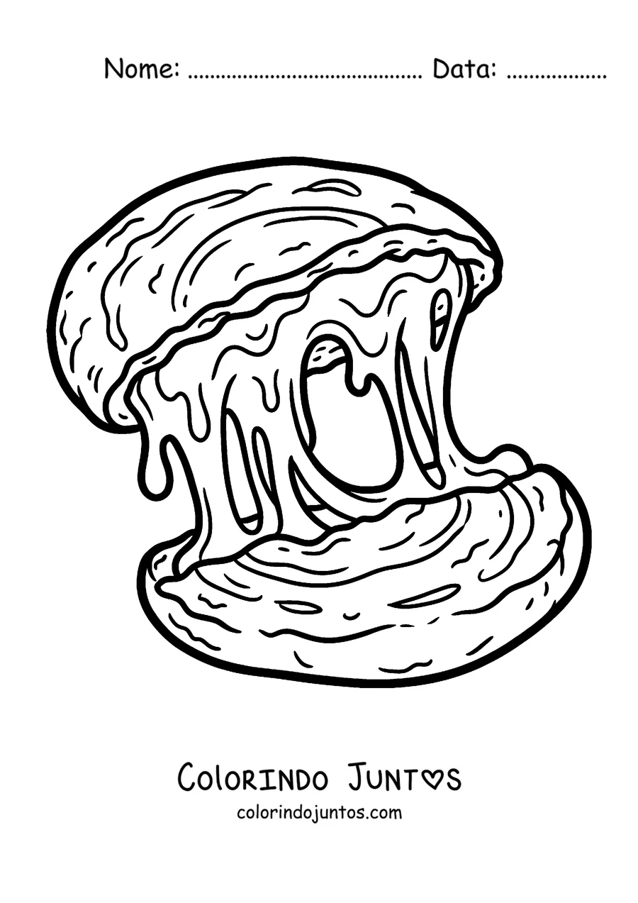 Desenho para colorir de uma arepa recheada de queijo derretido