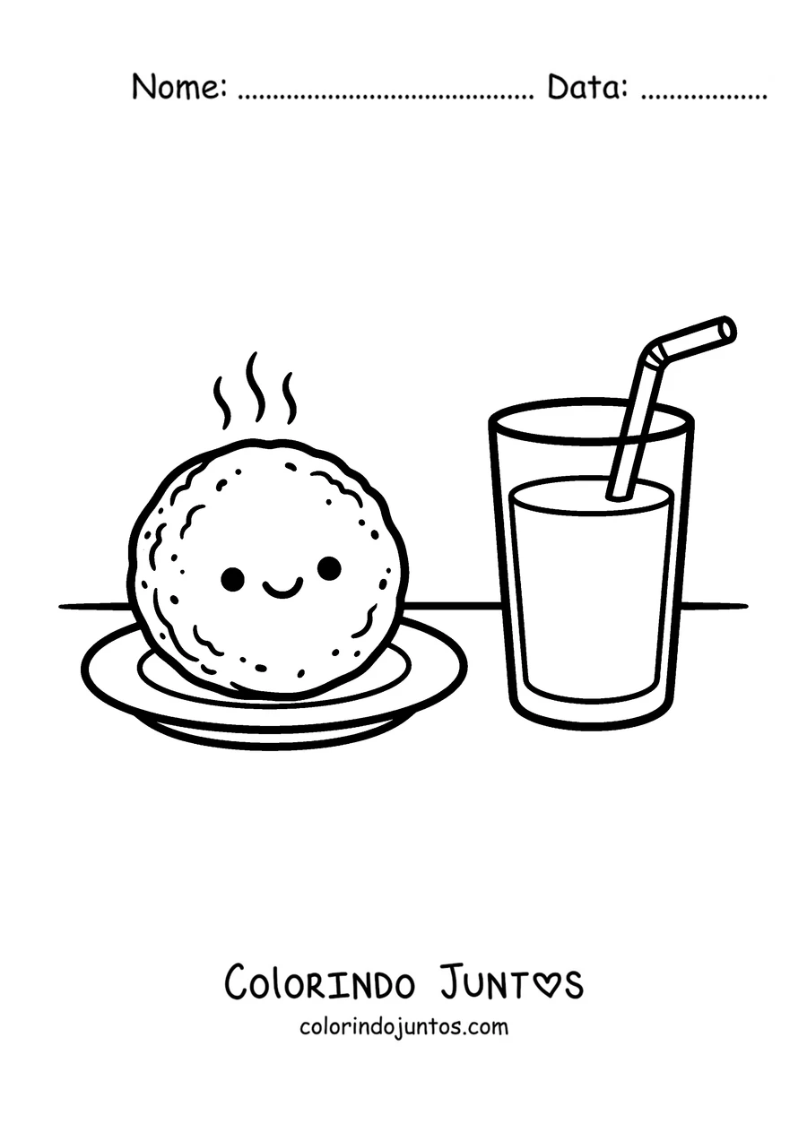 Desenho para colorir de uma arepa com um copo de suco