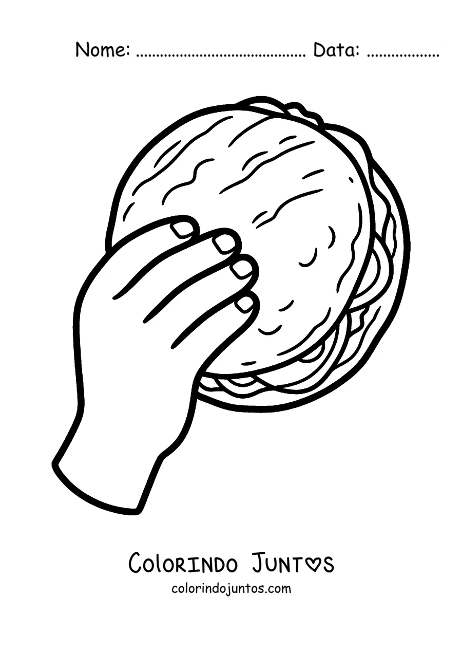 Desenho para colorir de uma mão segurando uma arepa recheada