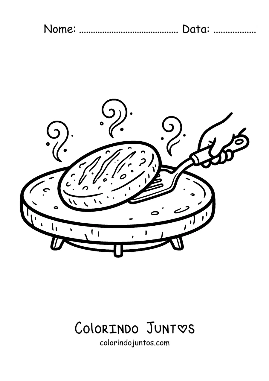 Desenho para colorir de uma arepa assando no budare