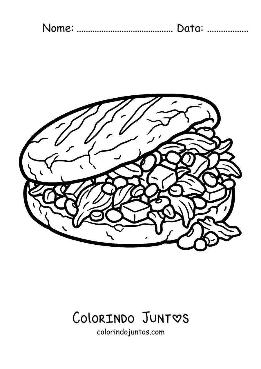 Desenho para colorir de uma arepa recheada até em cima