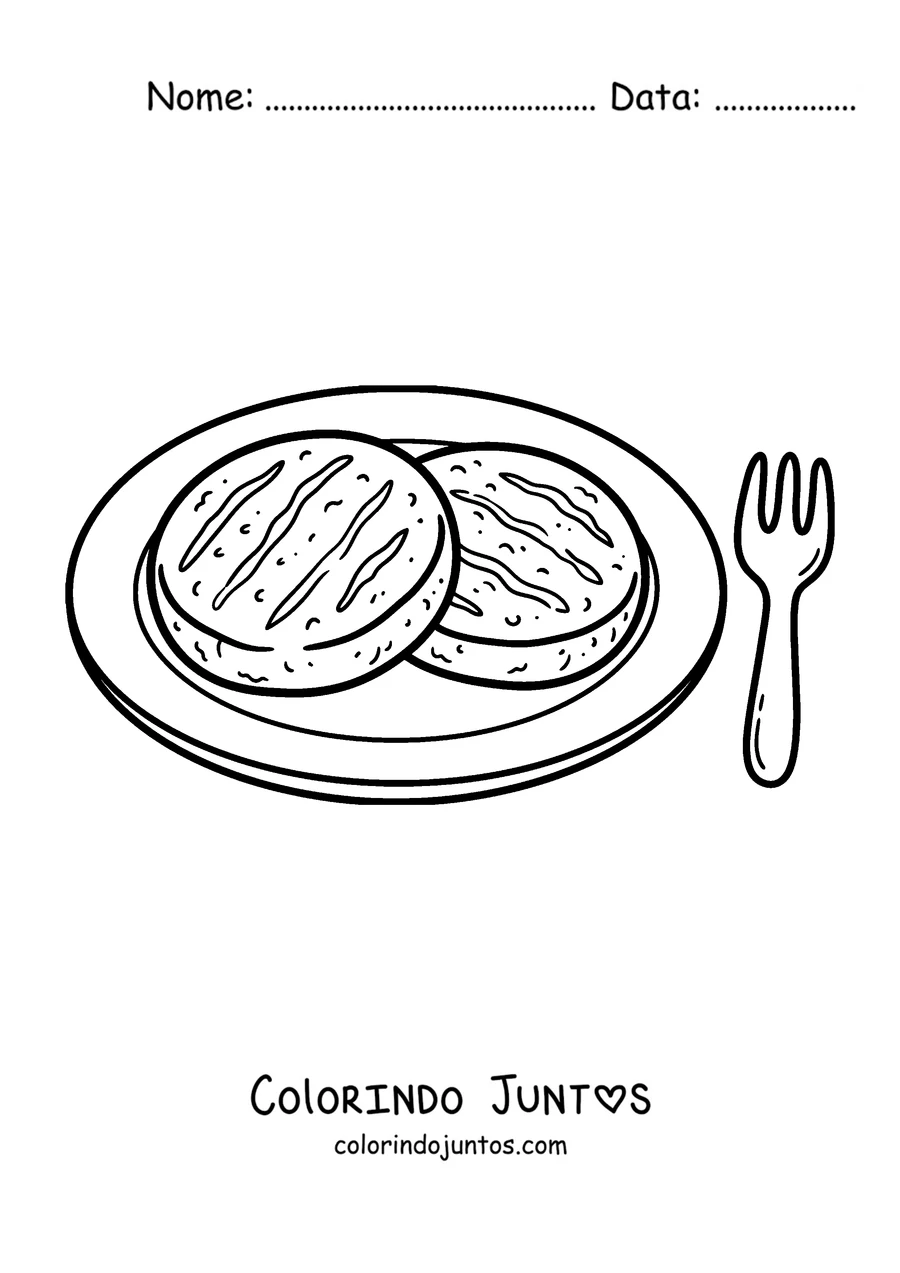 Desenho para colorir de duas arepas servidas num prato
