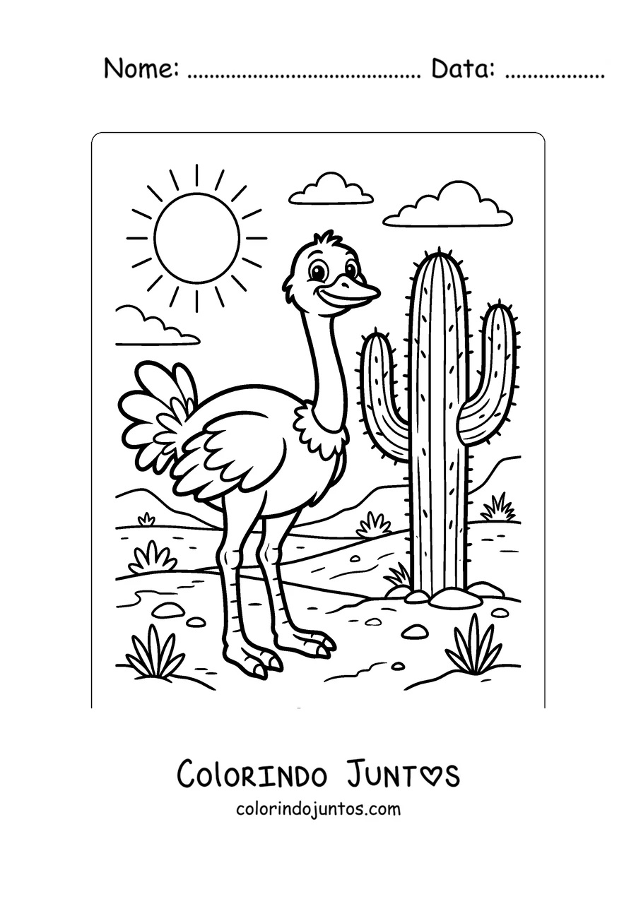 Desenho para colorir de uma avestruz ao lado de um cacto no deserto