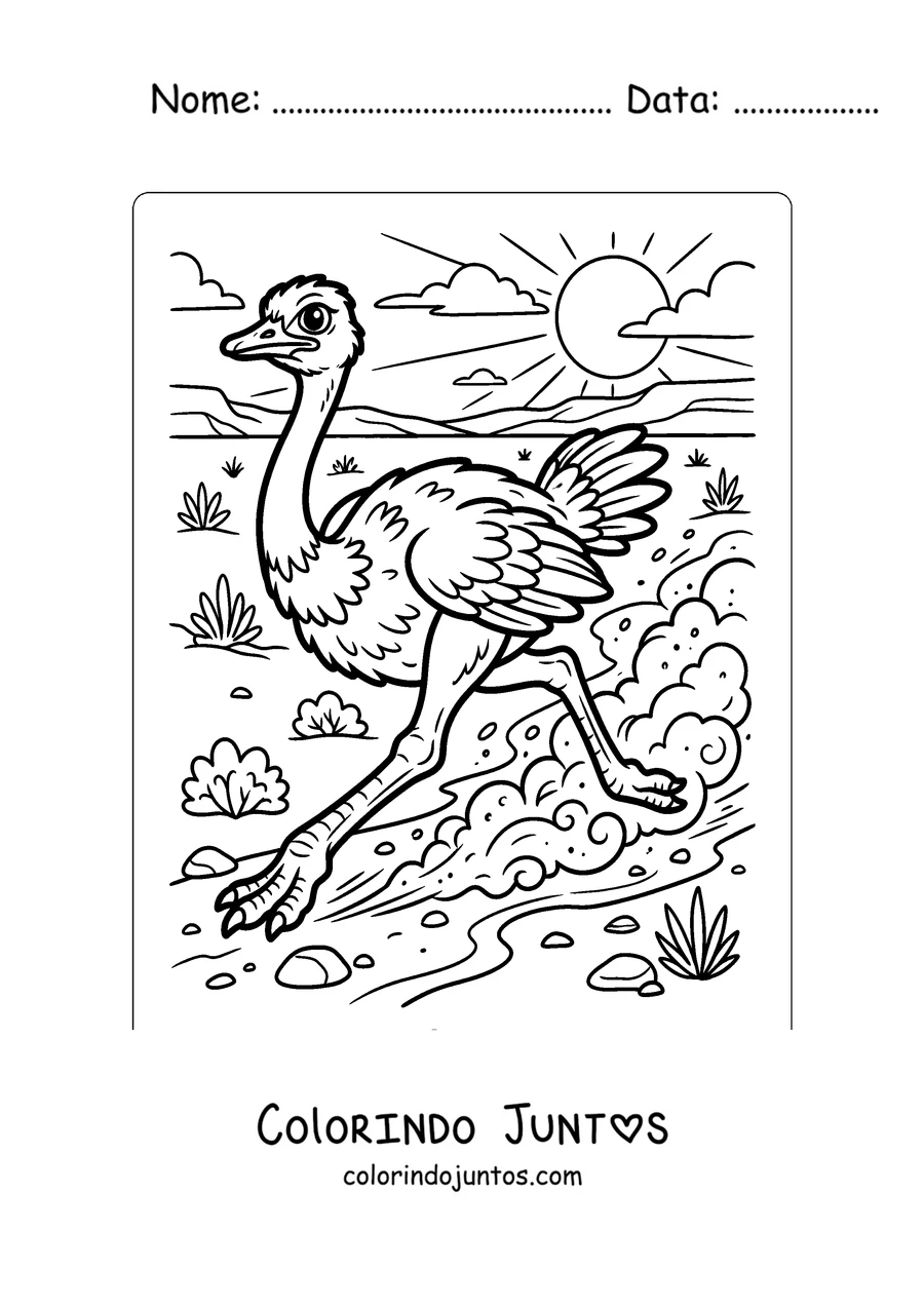 Desenho para colorir de uma avestruz correndo pelo deserto