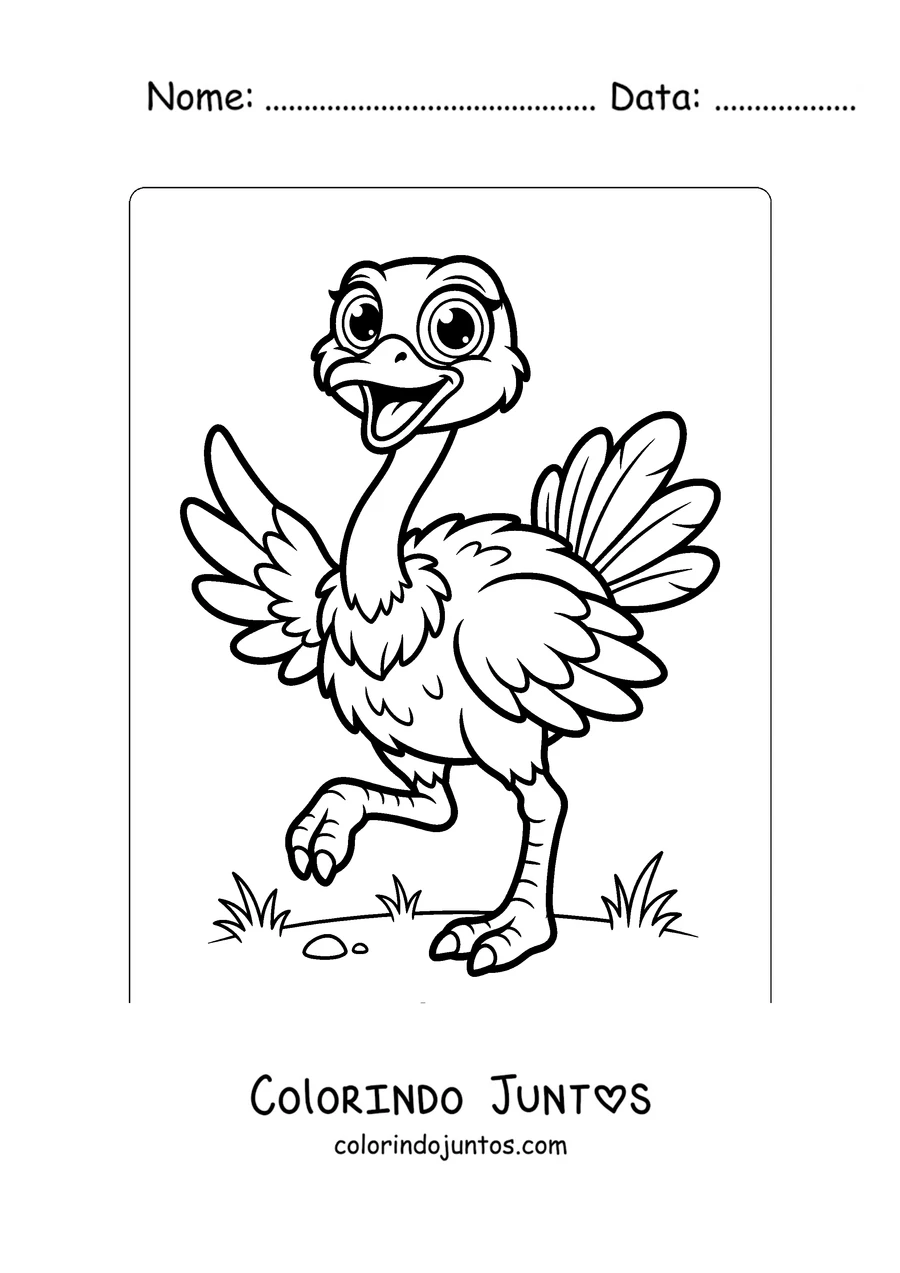 Desenho para colorir de uma avestruz de desenho com as asas abertas