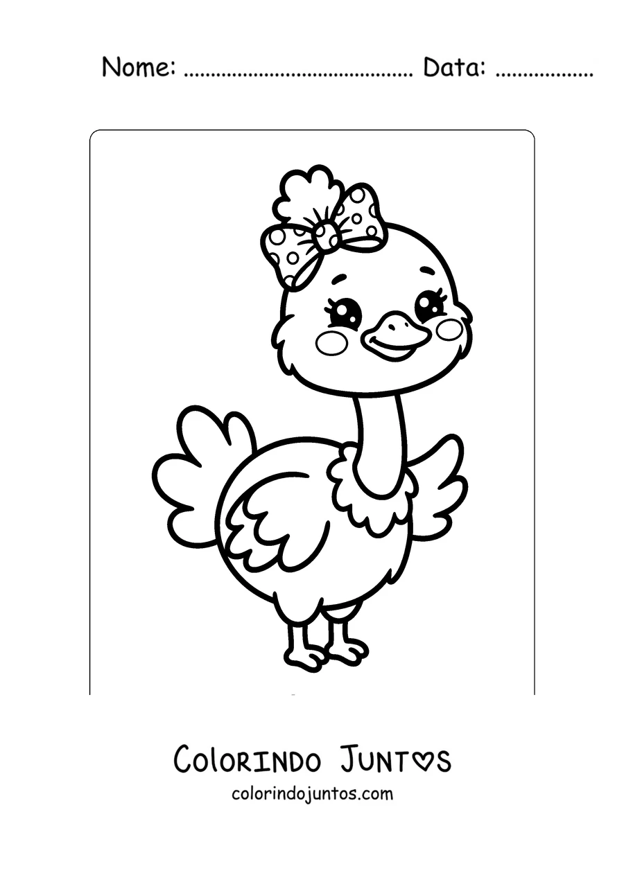 Desenho para colorir de uma avestruz kawaii com um laço