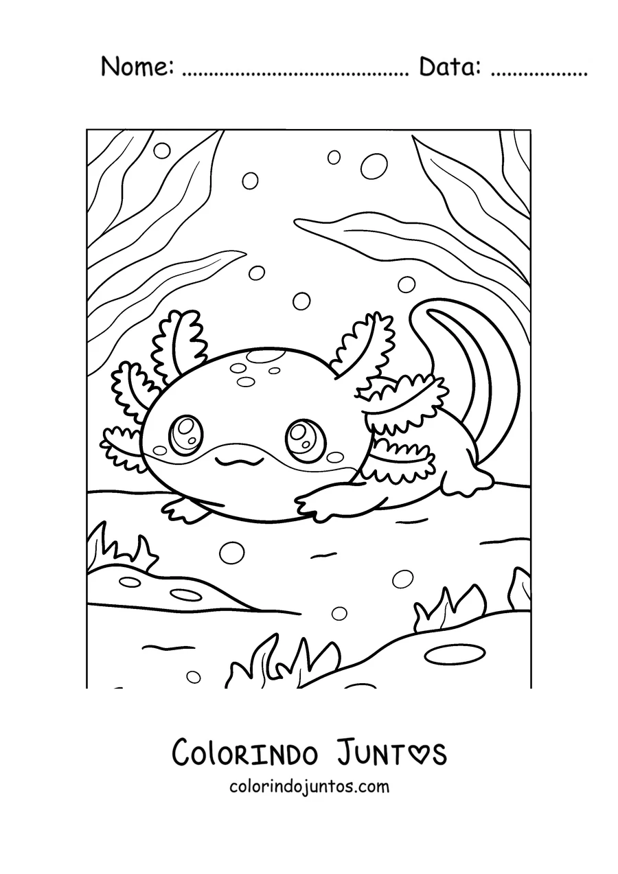 Desenho para colorir de um axolote bebê descansando no fundo
