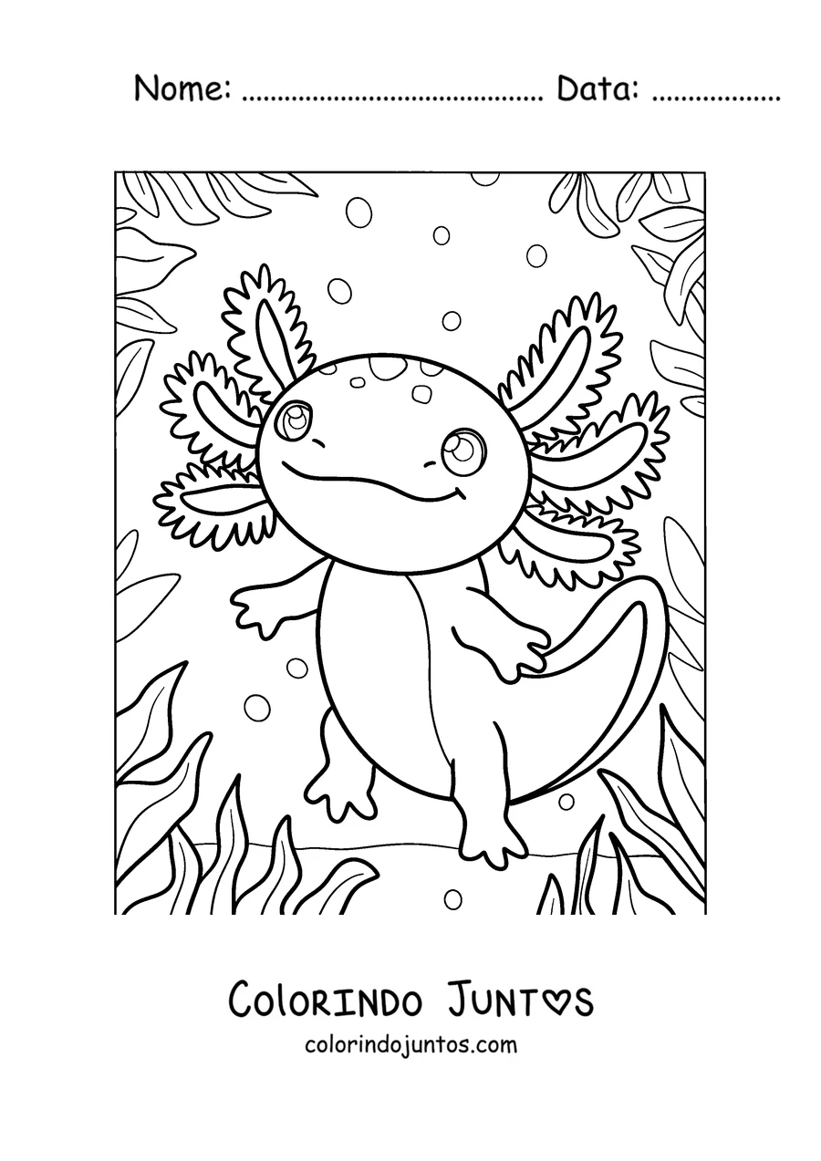 Desenho para colorir de um axolote caminhando entre plantas aquáticas