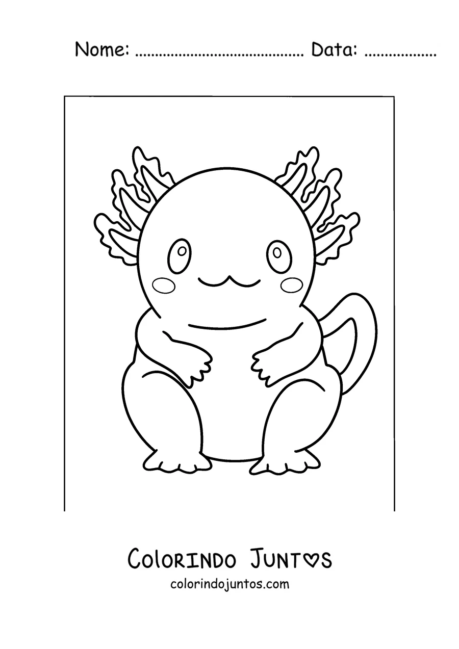 Desenho para colorir de um axolote gordinho sentado e sorrindo