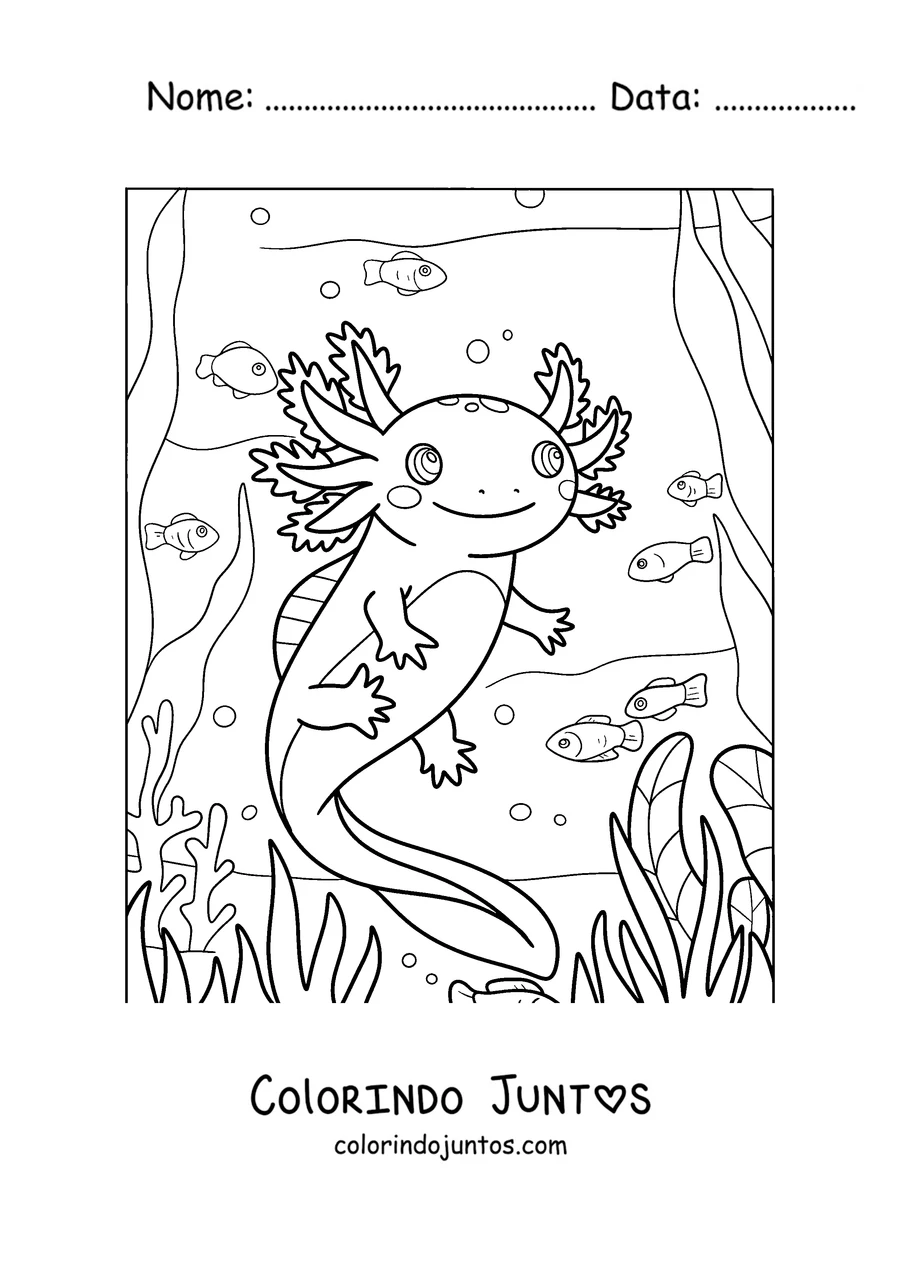Desenho para colorir de um axolote nadando entre peixinhos e plantas