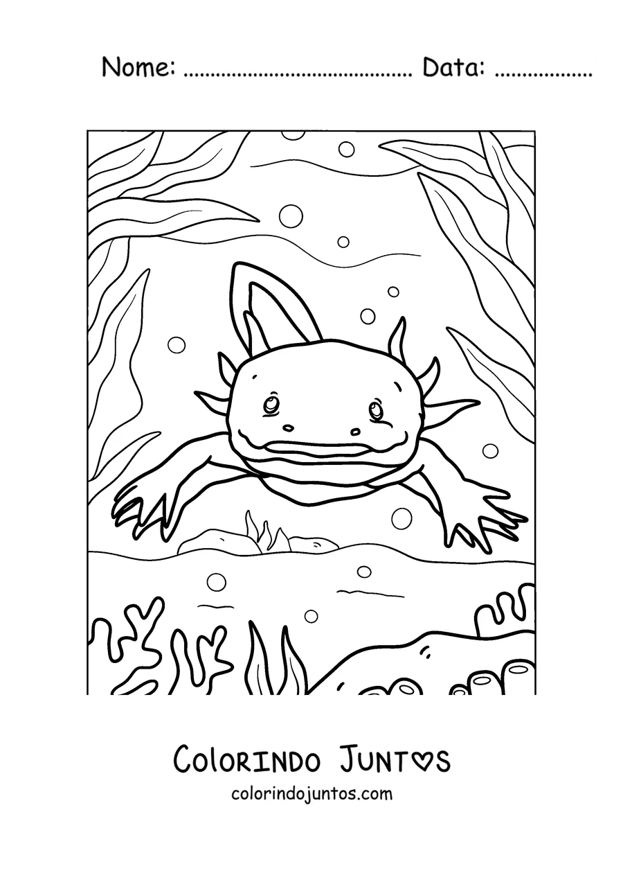 Desenho para colorir de um axolote contente nadando entre algas