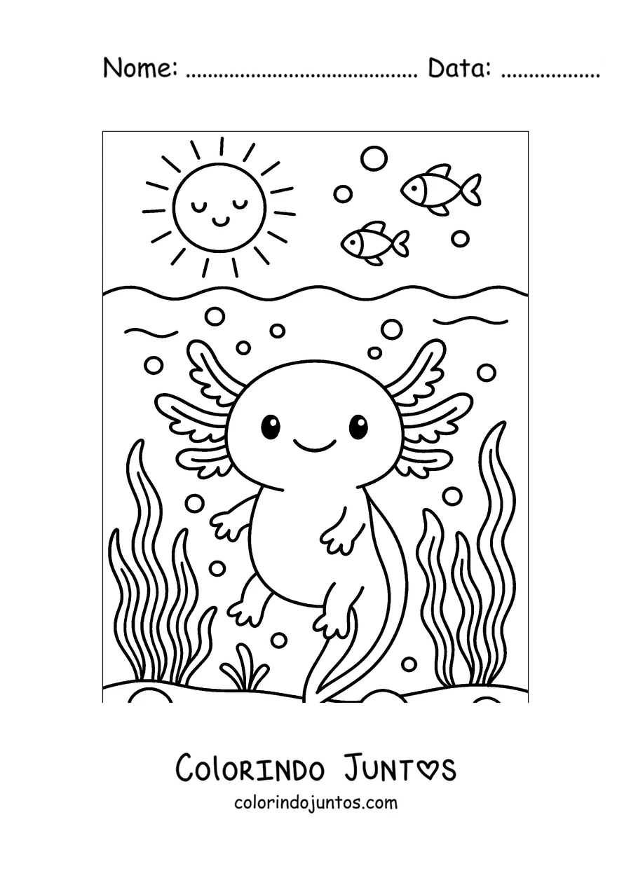 Desenho para colorir de um axolote nadando sob um sol sorridente