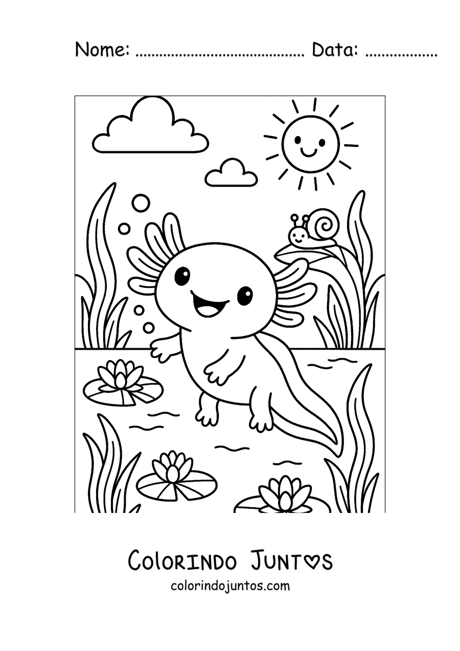 Desenho para colorir de um axolote perto de uma lagoa com um caracol e o sol