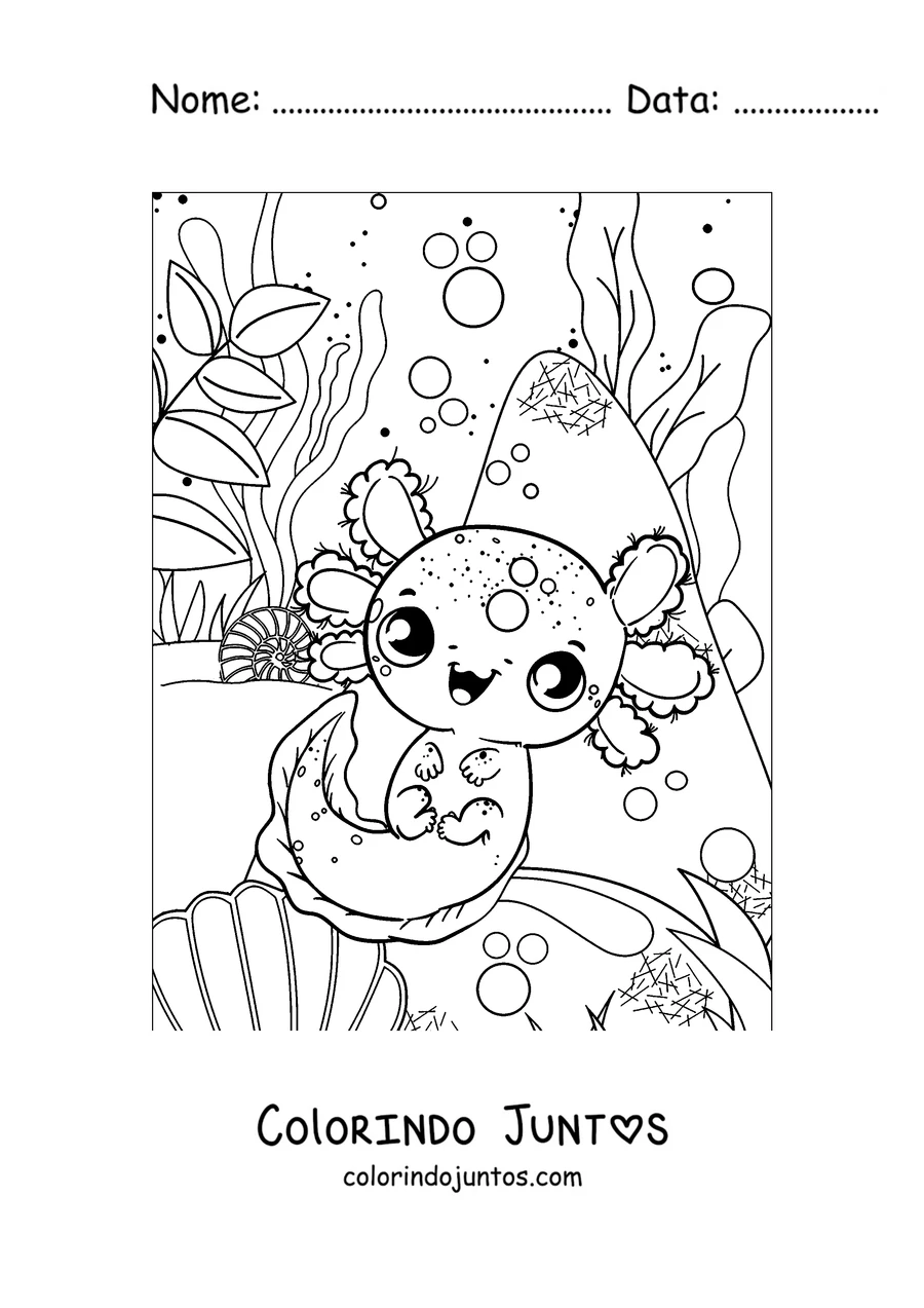 Desenho para colorir de um axolote de olhos grandes sentado sobre um caracol do mar