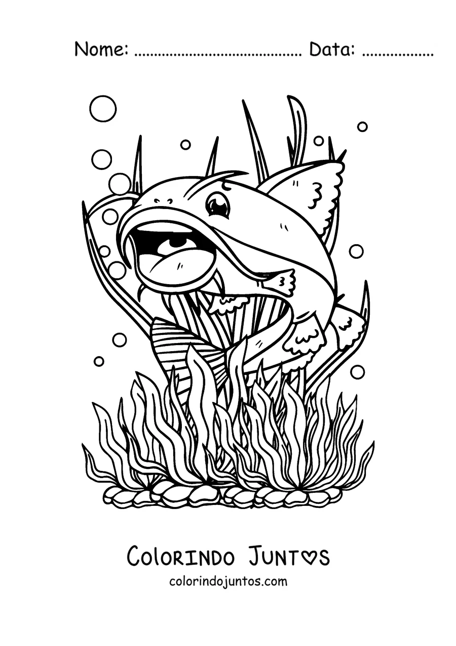 Desenho para colorir de um bagre com a boca bem aberta