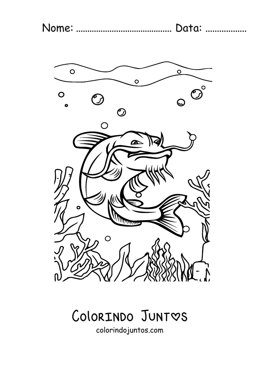 Desenho para colorir de um bagre entre corais do fundo do mar