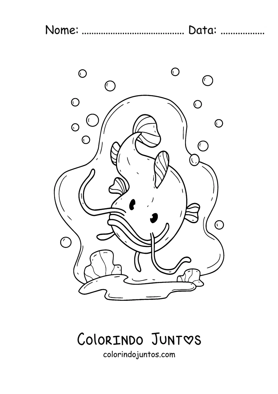 Desenho para colorir de um bagre fofo nadando entre bolhas