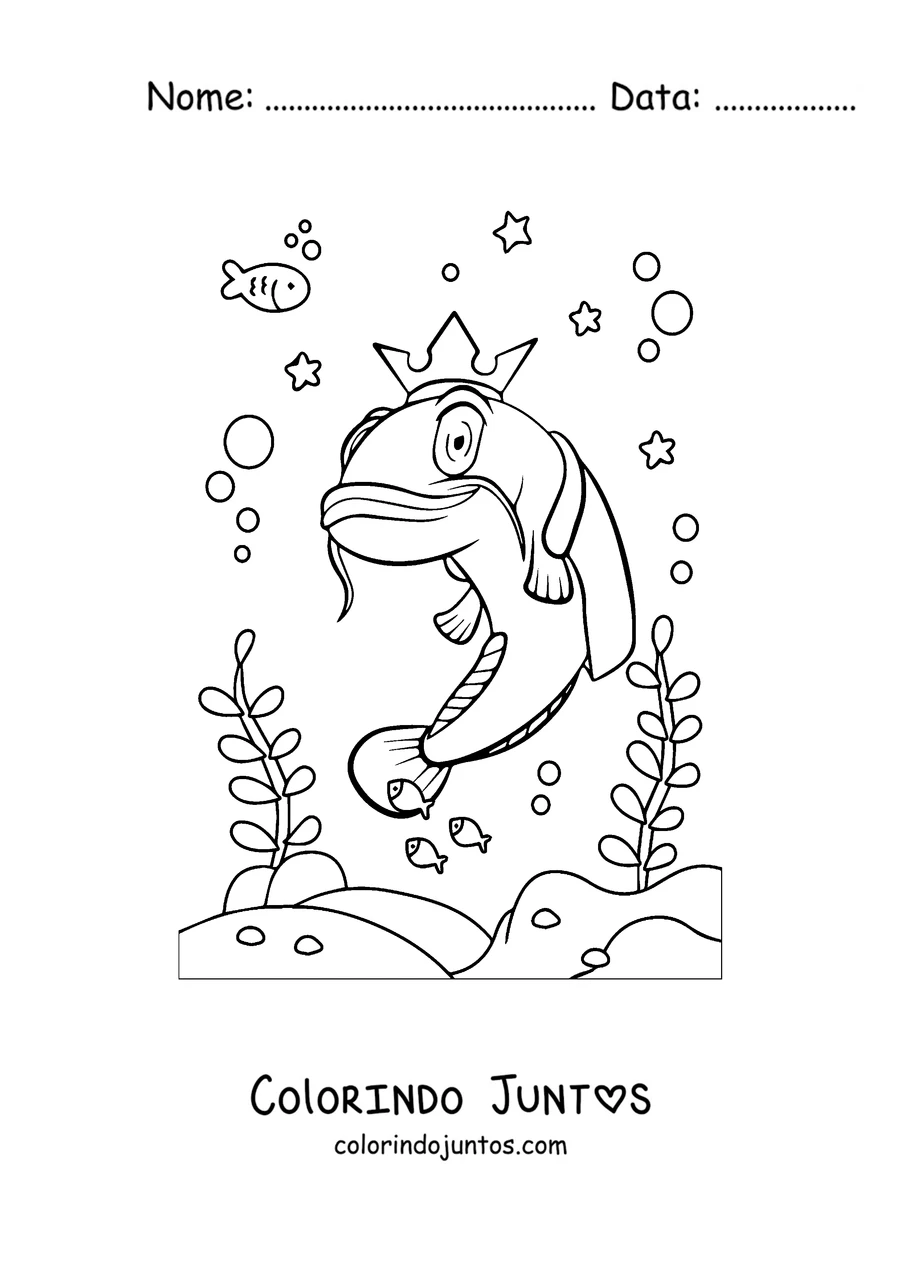 Desenho para colorir de um bagre rei com coroa