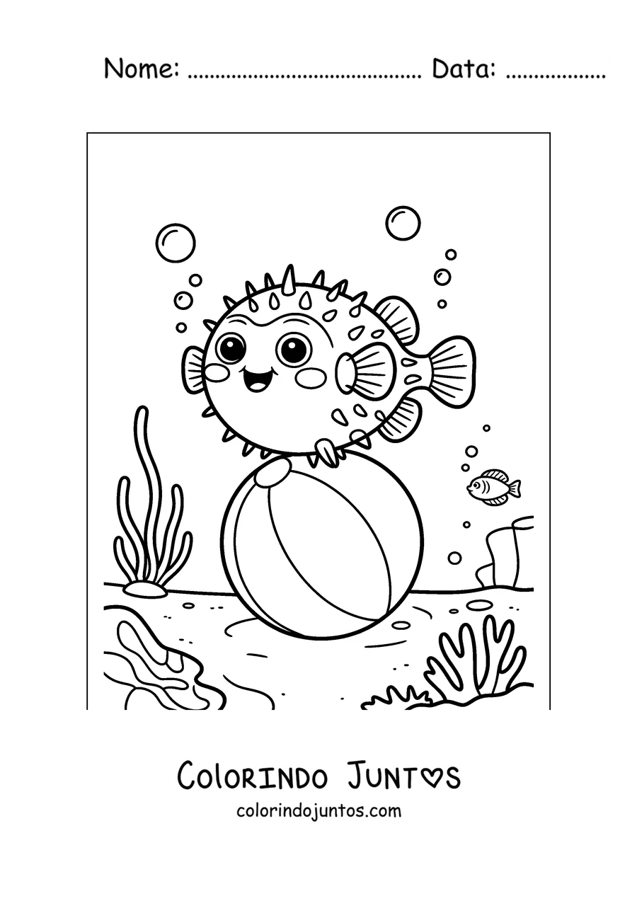 Desenho para colorir de um baiacu brincando com uma bola de praia