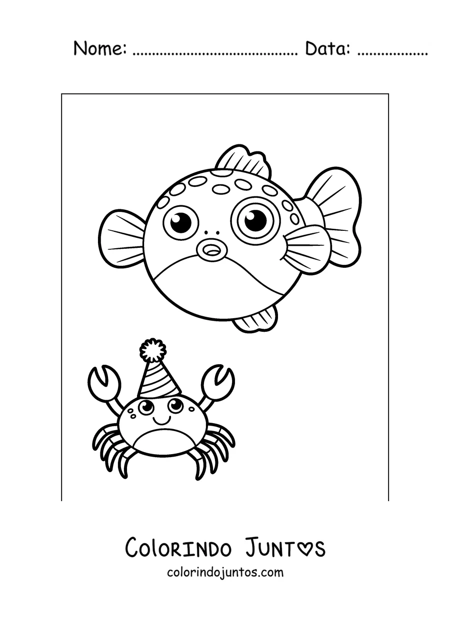 Desenho para colorir de um baiacu com um caranguejo