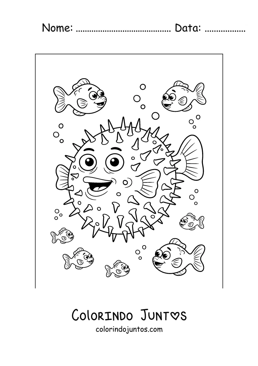 Desenho para colorir de um baiacu nadando com peixinhos