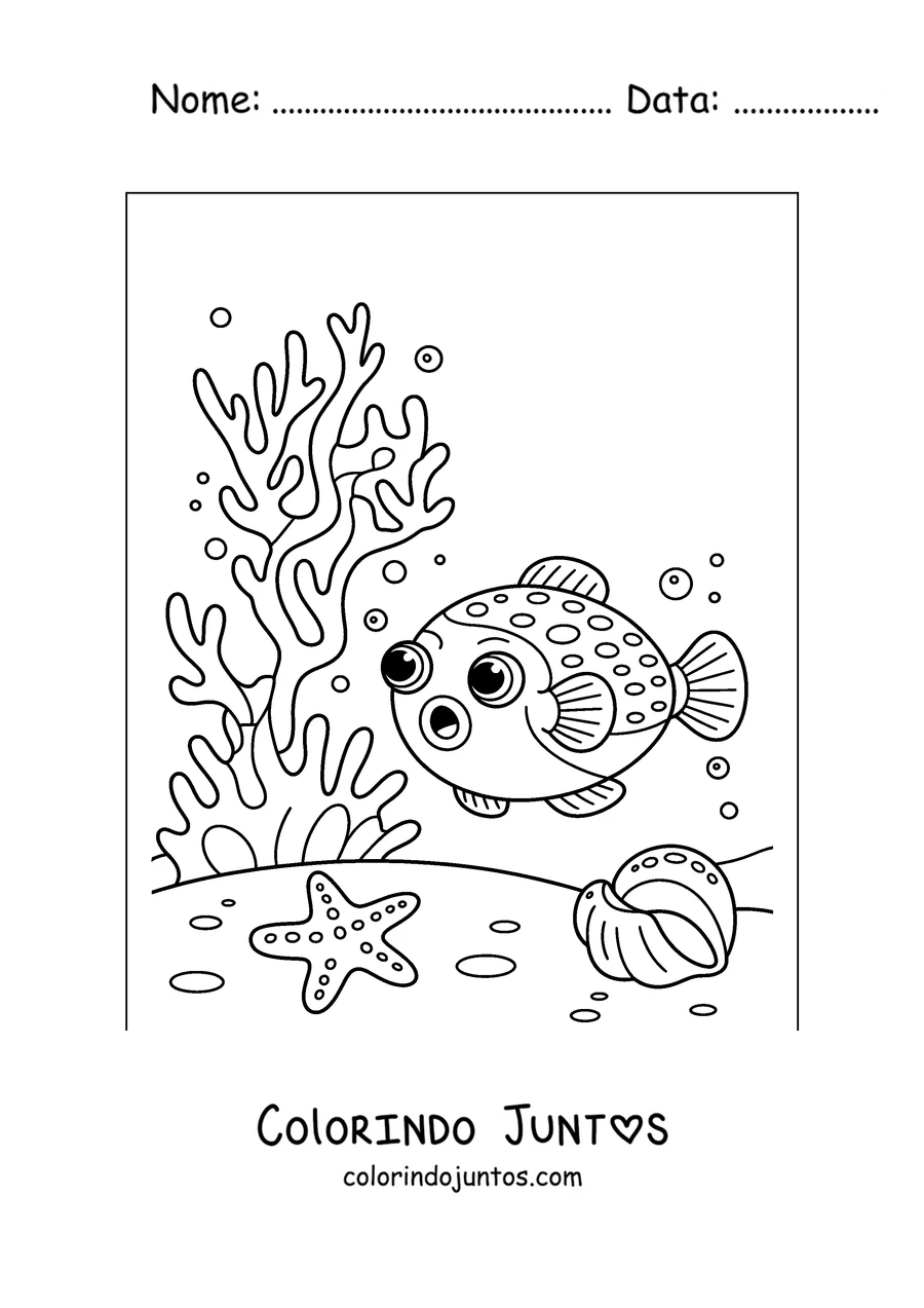 Desenho para colorir de um baiacu entre corais