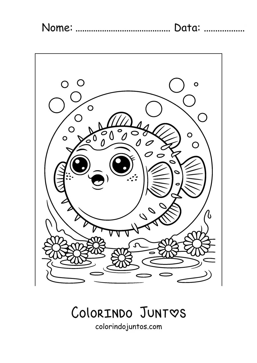 Desenho para colorir de um baiacu entre flores marinhas