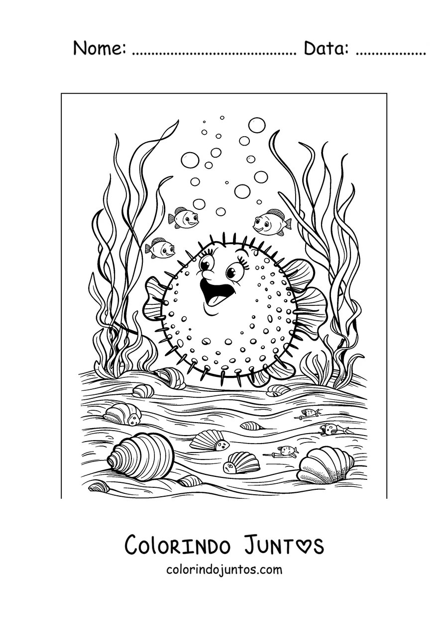 Desenho para colorir de um baiacu no fundo do mar