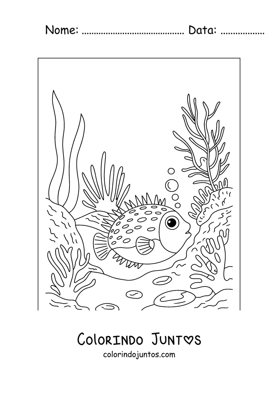 Desenho para colorir de um baiacu no recife de coral