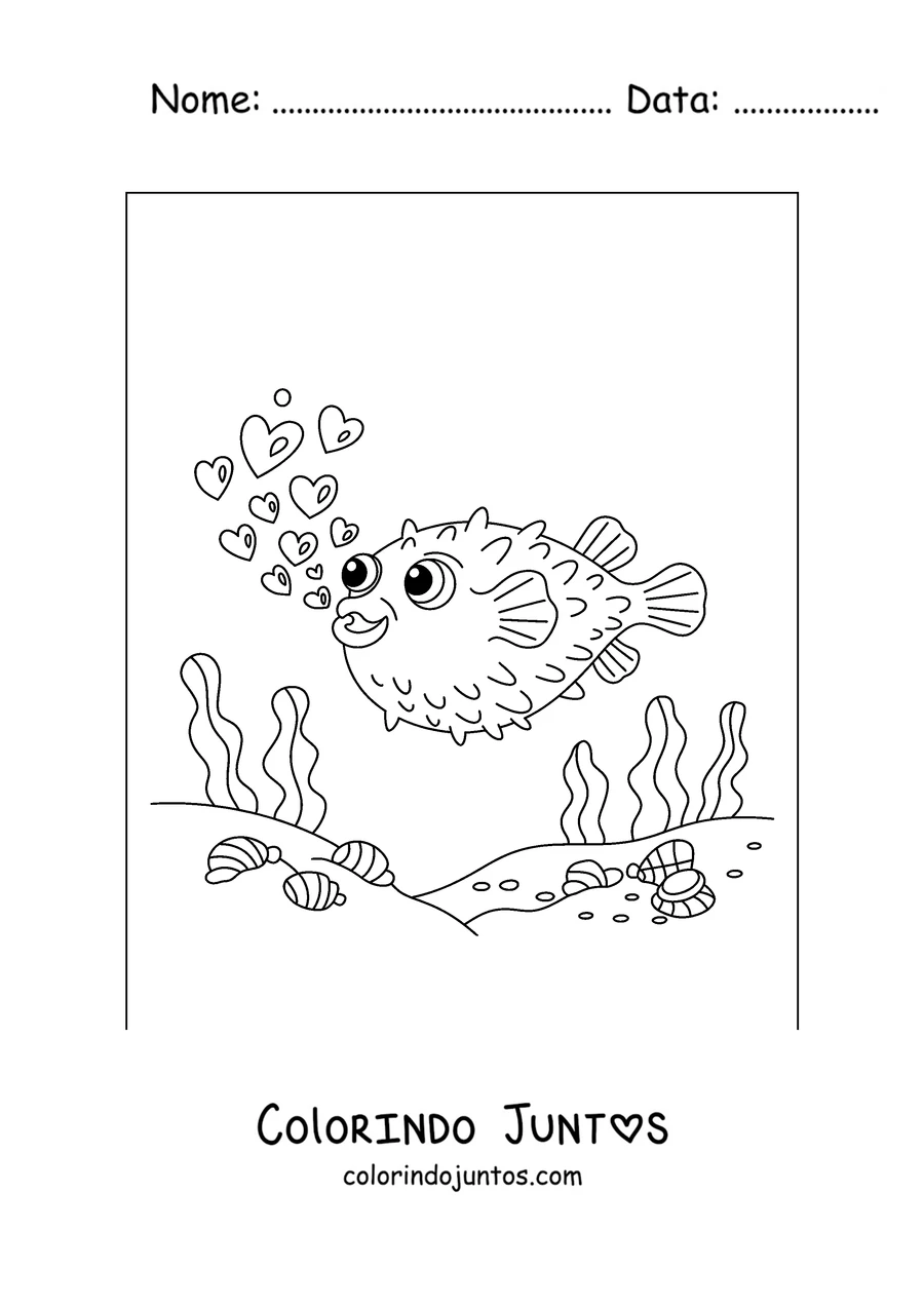 Desenho para colorir de um baiacu soltando corações