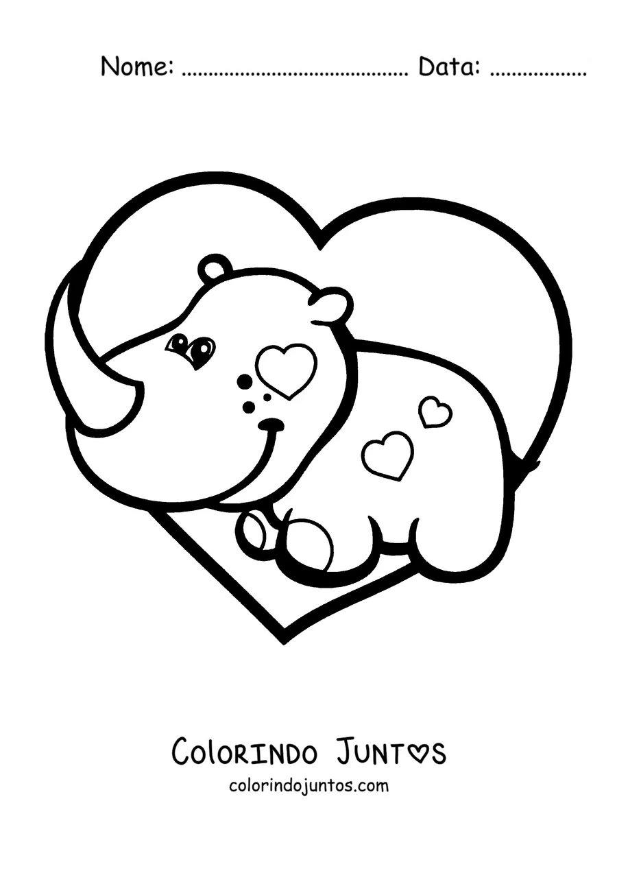 Desenho para colorir de um filhote de rinoceronte dentro de um coração