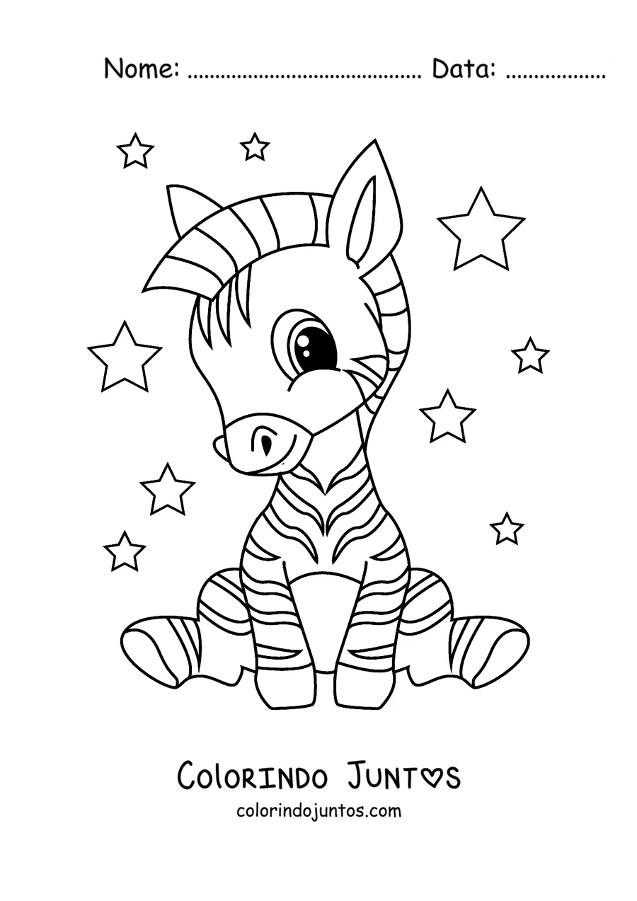 Desenho para colorir de um bebê zebra sentado entre estrelas