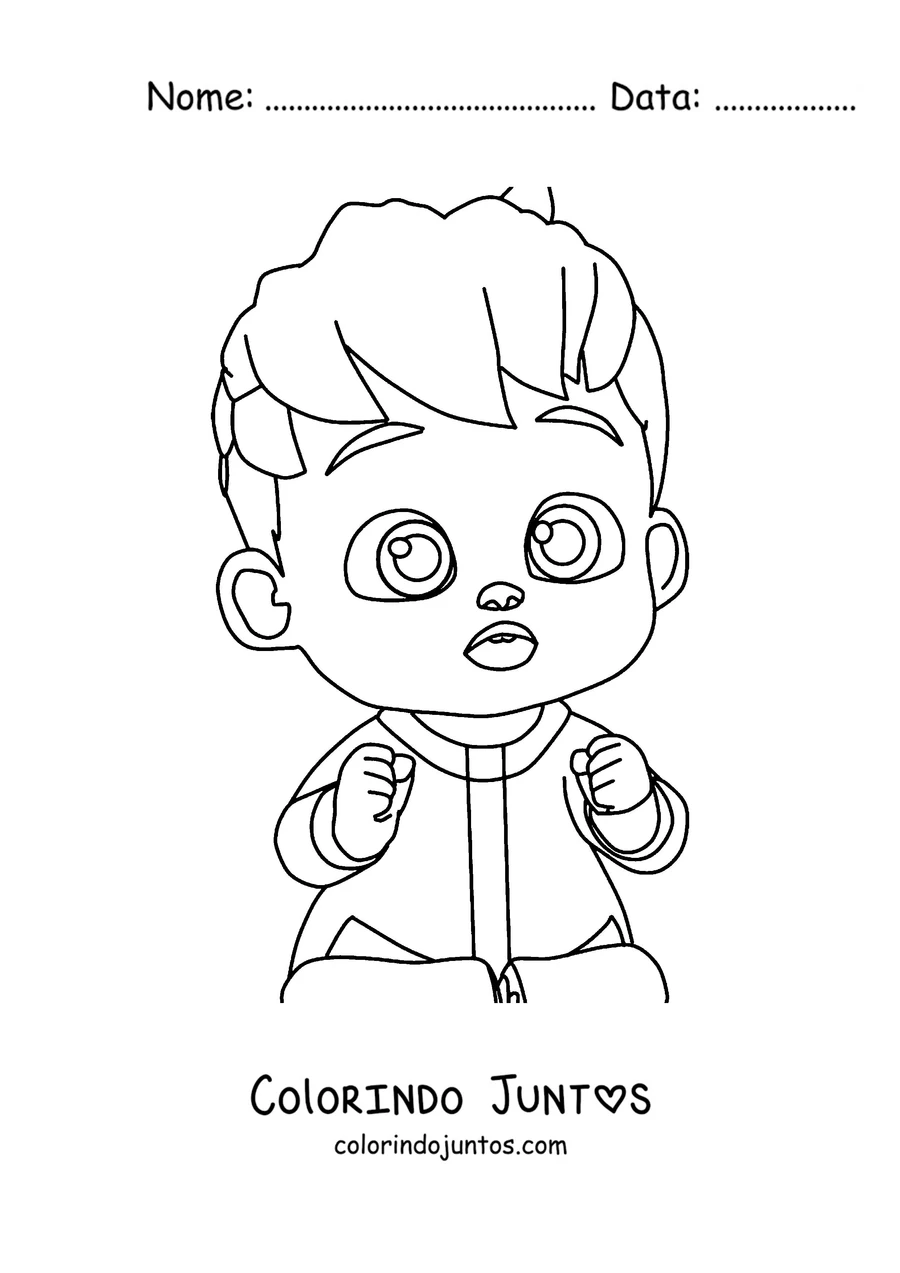 Desenho para colorir do Bebefinn com carinha de surpresa e os punhos fechados