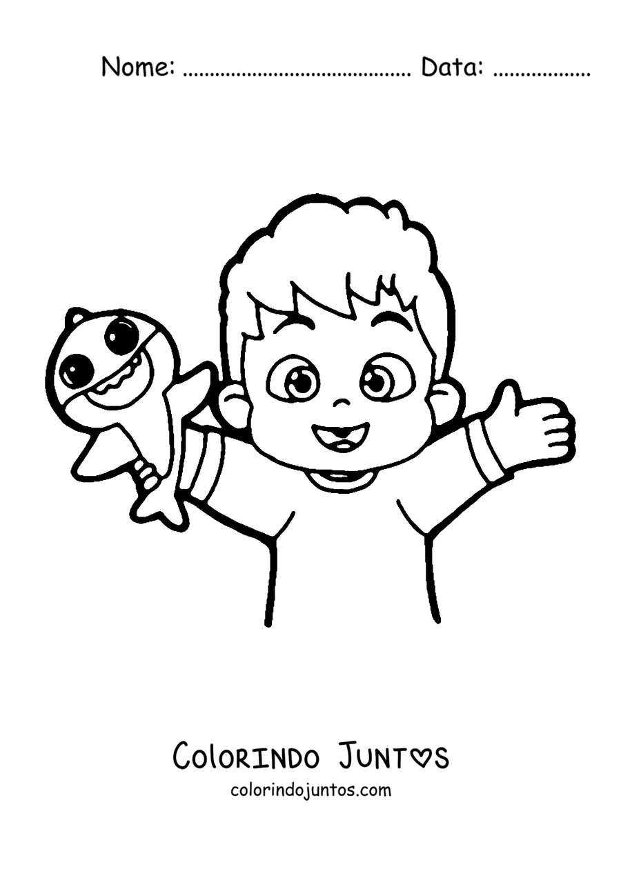 Desenho para colorir do Bebefinn acenando com um bebê tubarão de brinquedo