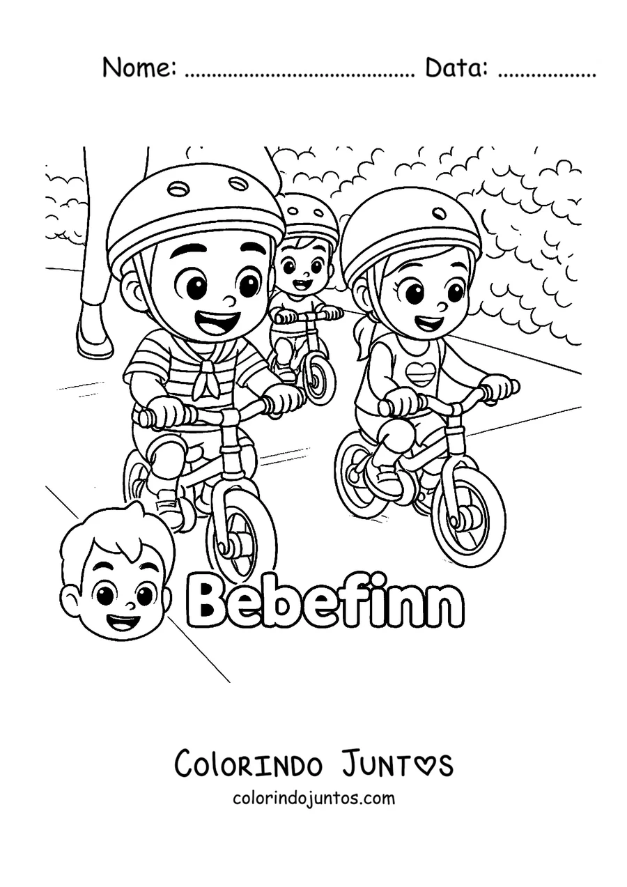 Desenho para colorir da família do Bebefinn passeando de bicicleta