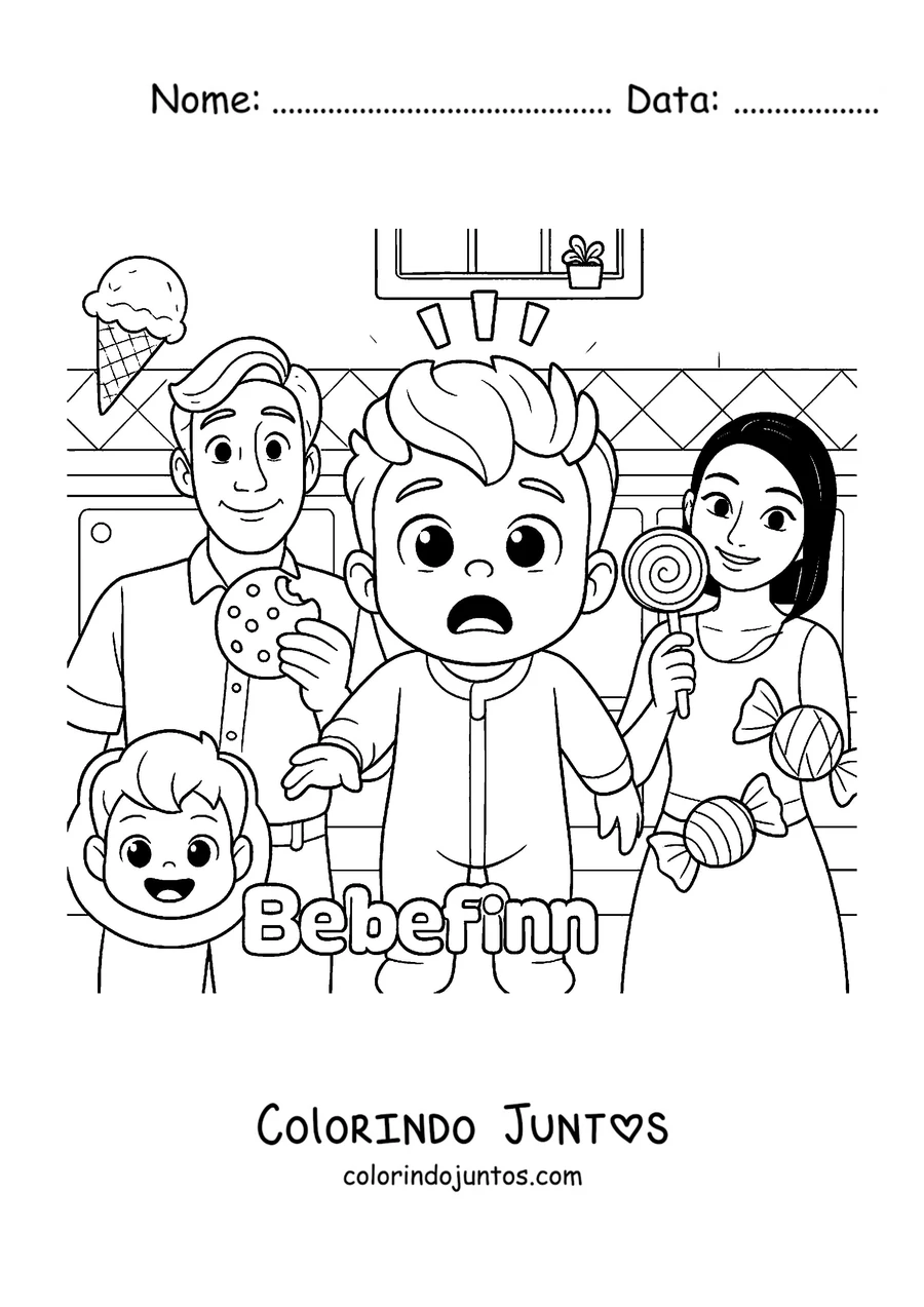 Desenho para colorir do Bebefinn e da família dele com sorvetes e guloseimas