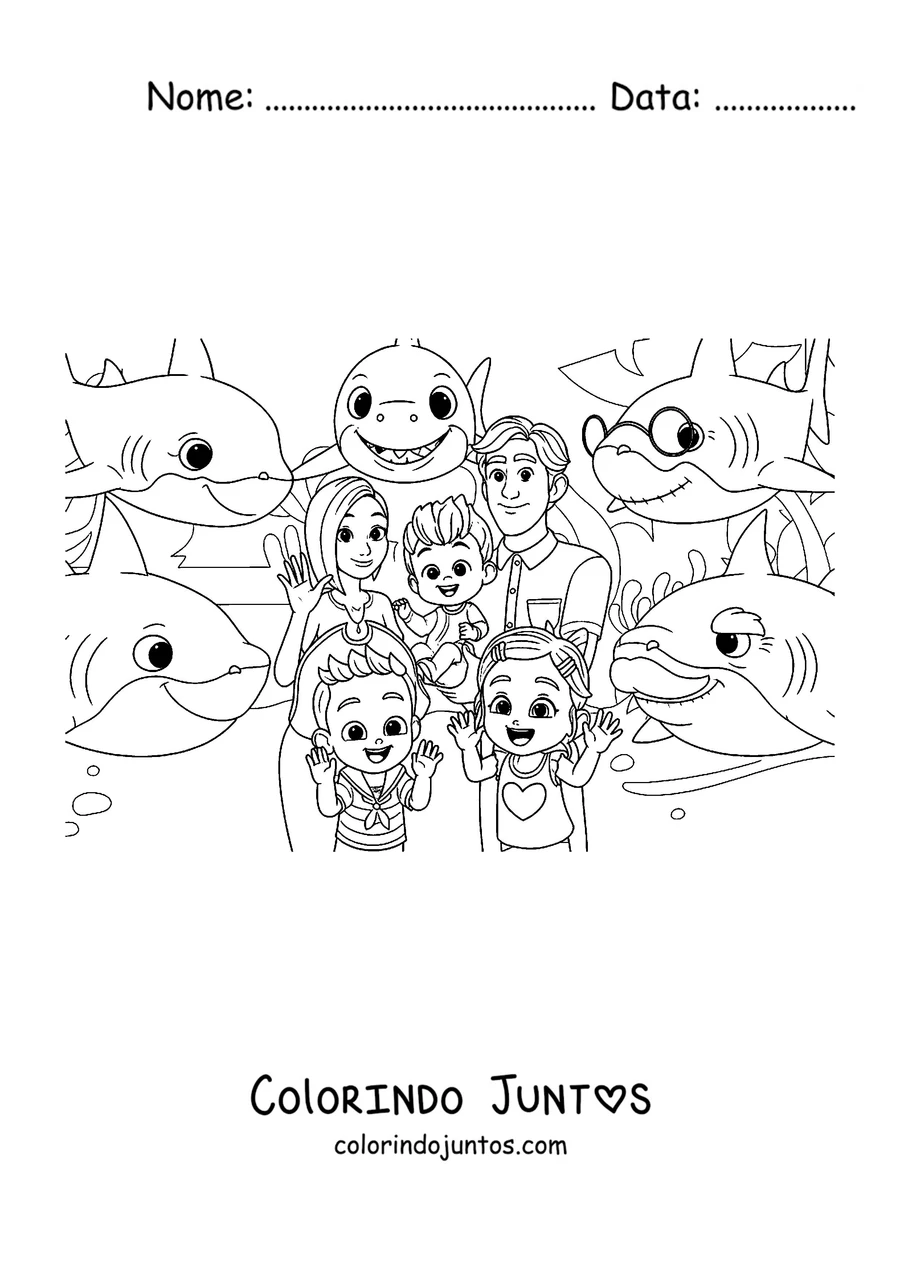 Desenho para colorir da família do Bebefinn cercada pela família de tubarões
